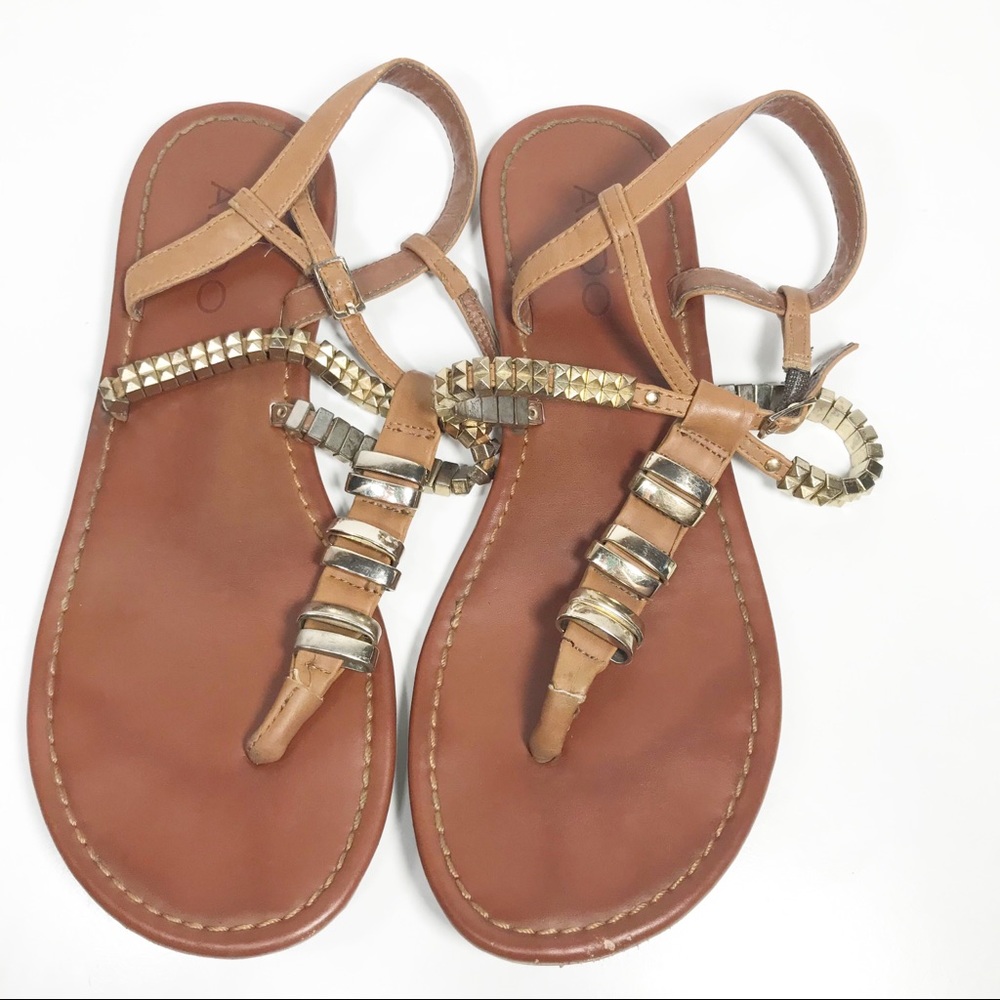 Aldo brown t-strap sandals with metal accents